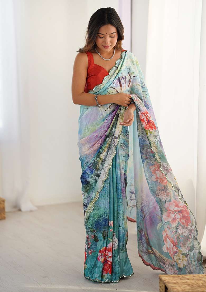 Multicolor Mirror Work Chinon Blend Saree Set for Diwali and Festive Wear - Indya