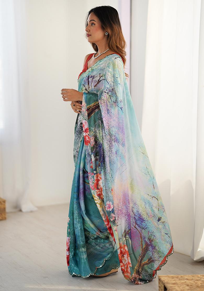 Multicolor Mirror Work Silk Saree Set - Indya