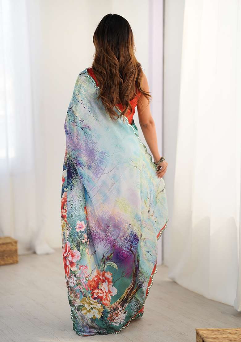 Multicolor Mirror Work Chinon Blend Saree Set for Diwali and Festive Wear - Indya