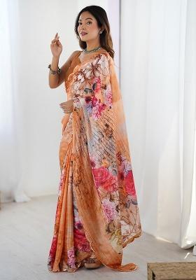 Rust Orange Mirror Work Silk Saree Set