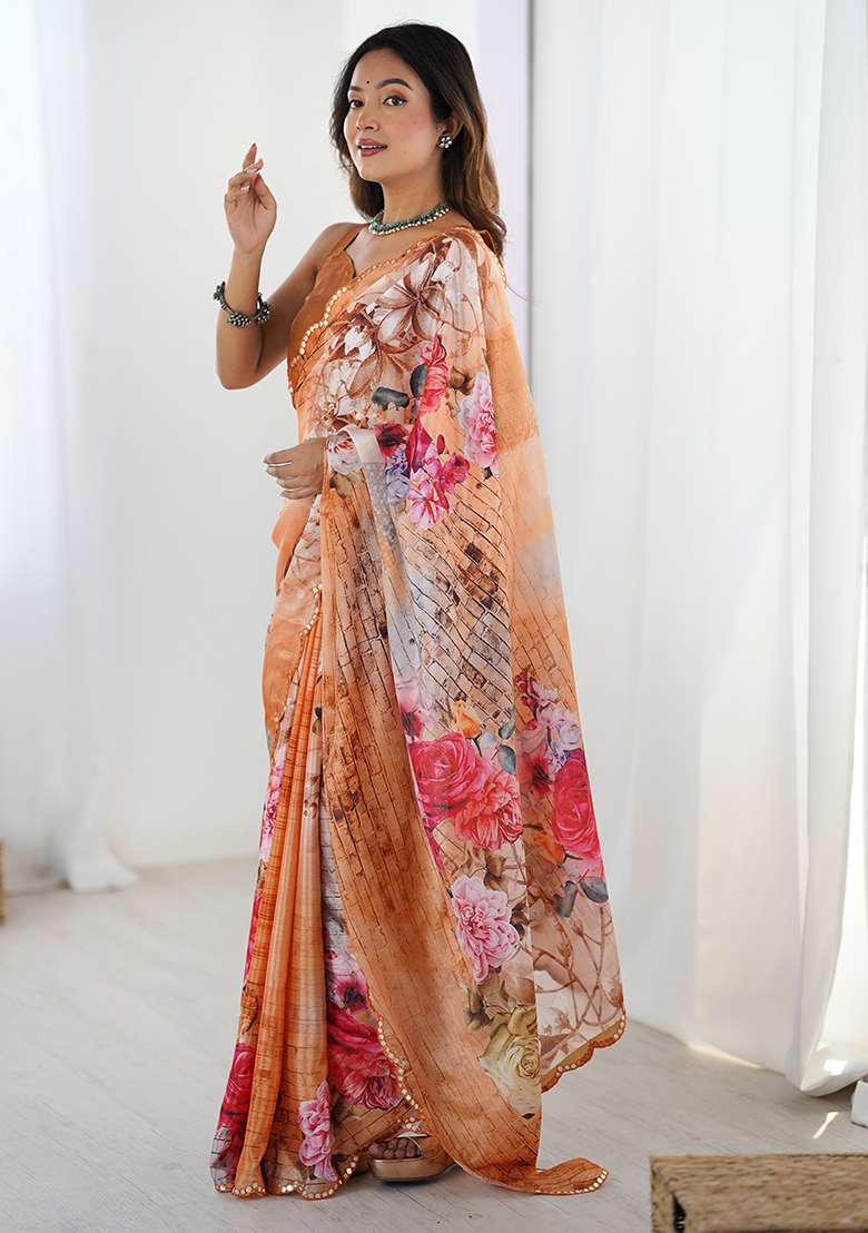 Rust Orange Mirror Work Chinon Blend Saree Set for Diwali and Festive Wear - Indya