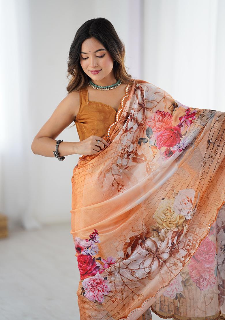 Rust Orange Mirror Work Silk Saree Set - Indya