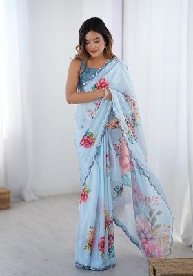 Light Blue Mirror Work Silk Saree Set