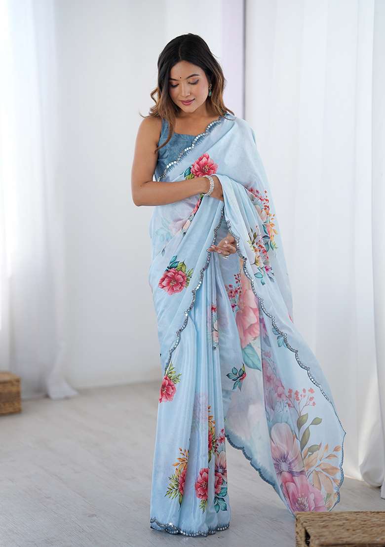 Light Blue Mirror Work Chinon Blend Saree Set for Diwali and Festive Wear - Indya