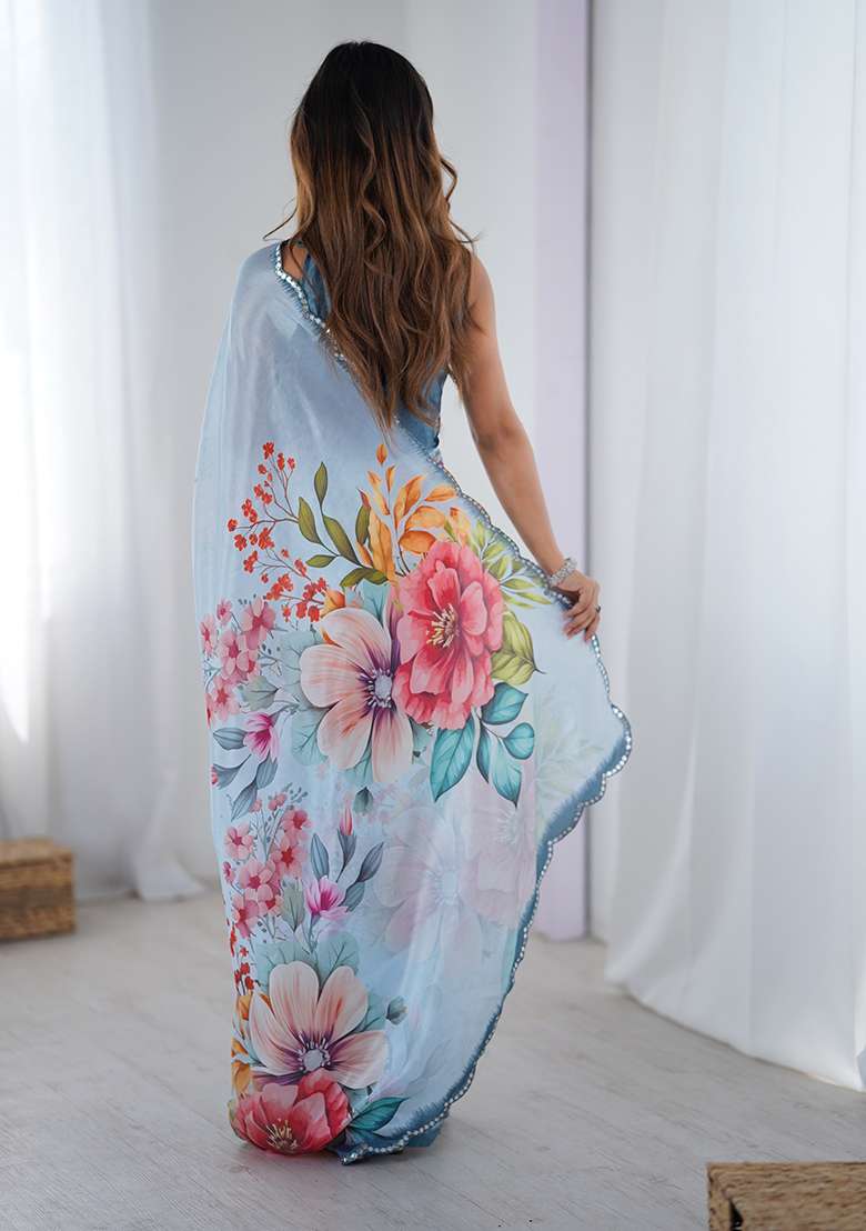 Light Blue Mirror Work Chinon Blend Saree Set for Diwali and Festive Wear - Indya