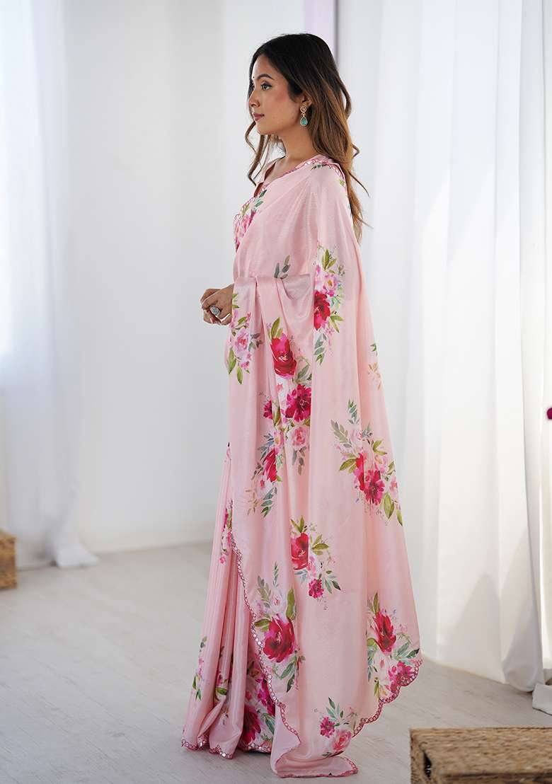 Peach Mirror Work Chinon Blend Saree Set for Diwali and Festive Wear - Indya