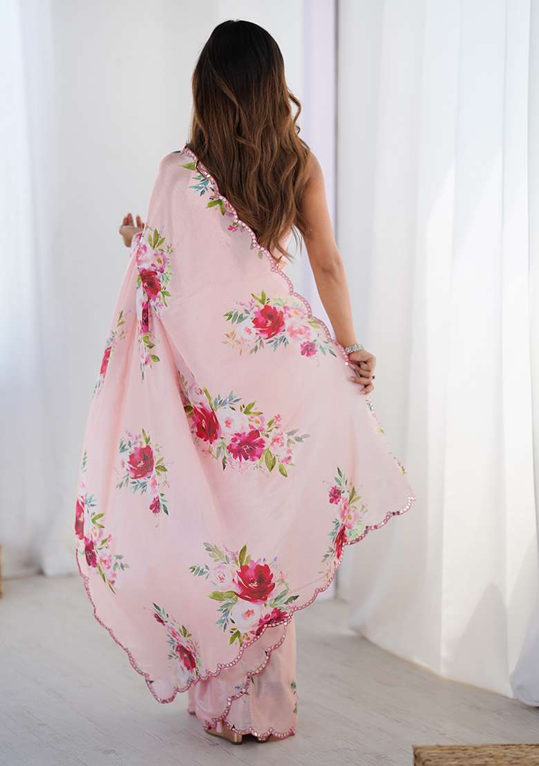 Peach Mirror Work Chinon Blend Saree Set for Diwali and Festive Wear - Indya