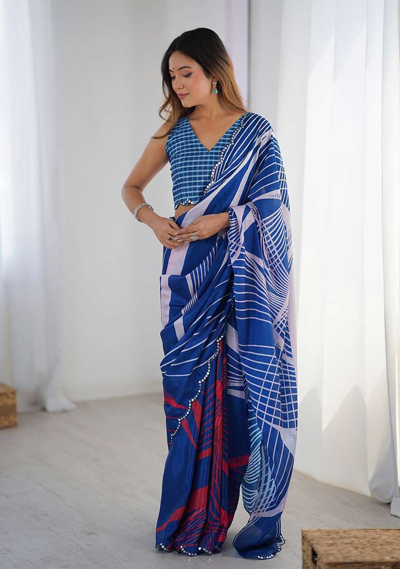Royal Blue Chinon Blend Saree Set with Mirror Work for Diwali | Wedding & Festive Wear - Indya