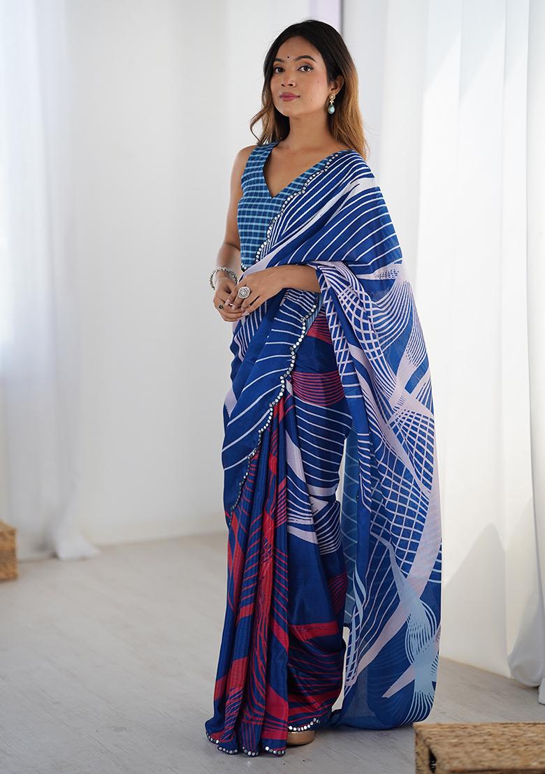 Royal Blue Mirror Work Silk Saree Set - Indya