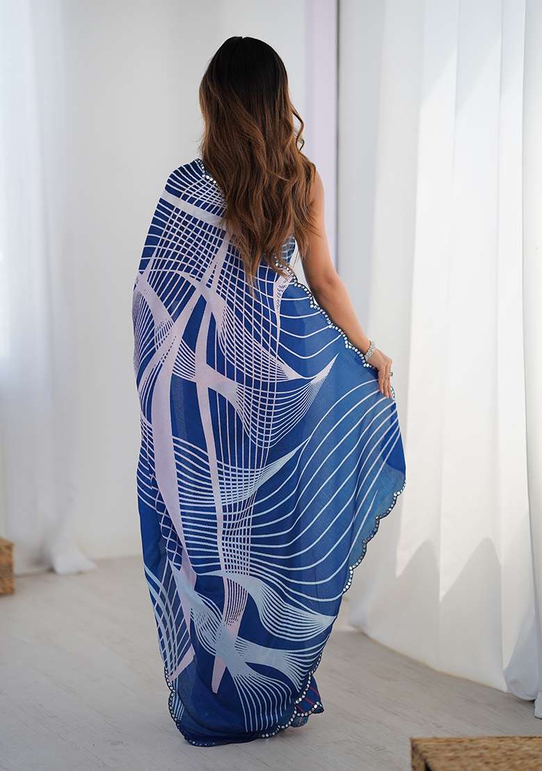 Royal Blue Chinon Blend Saree Set with Mirror Work for Diwali | Wedding & Festive Wear - Indya