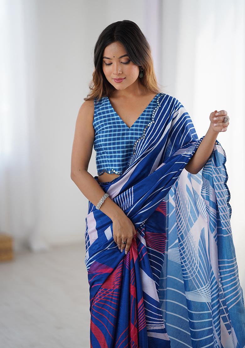Royal Blue Mirror Work Silk Saree Set - Indya