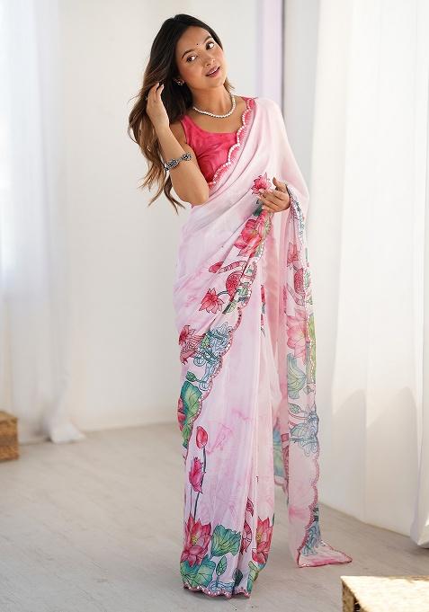 Baby Pink Mirror Work Silk Saree Set