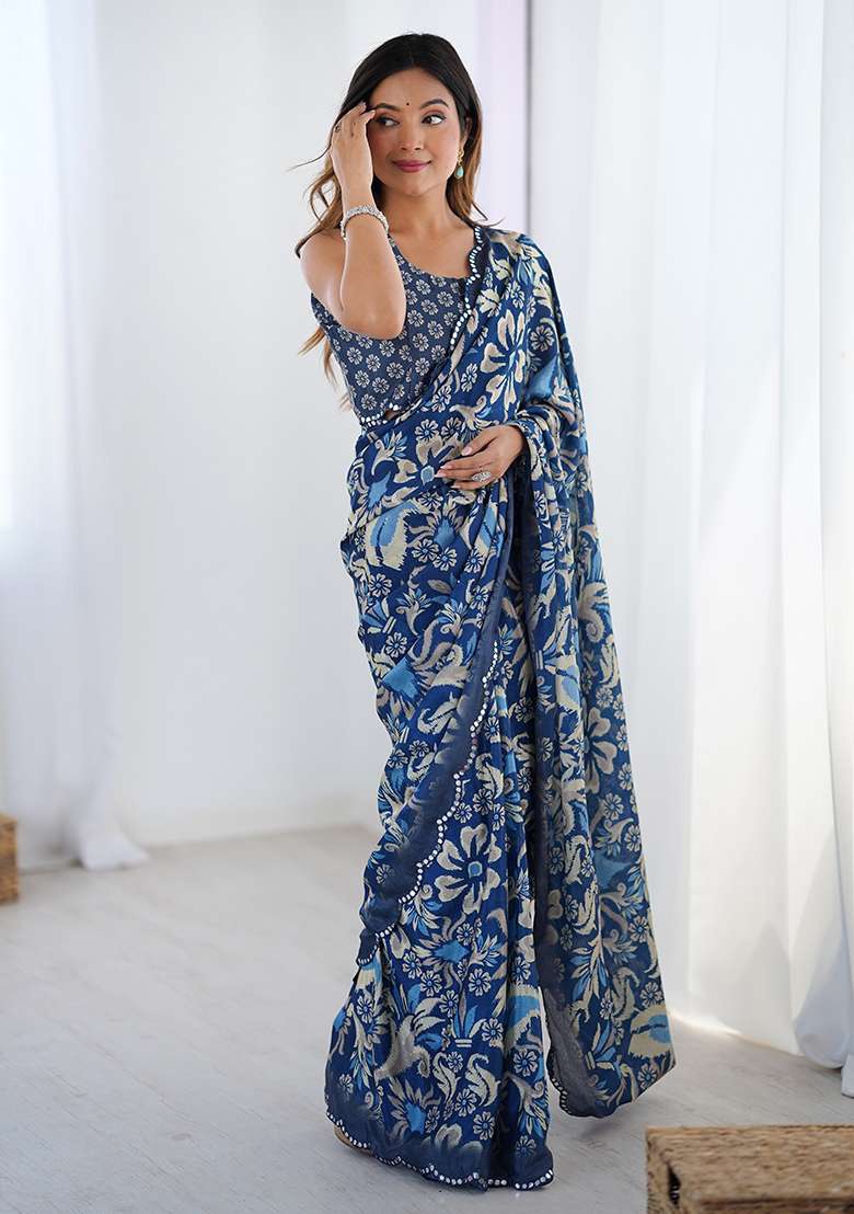 Dark Blue Mirror Work Chinon Blend Saree Set for Diwali and Festive Wear - Indya