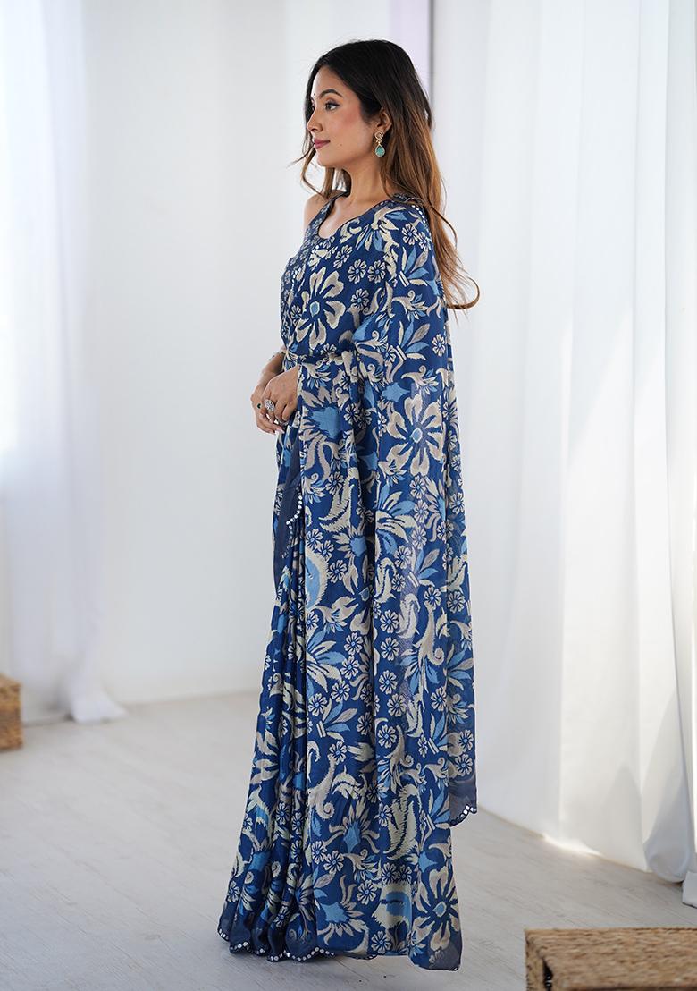 Dark Blue Mirror Work Silk Saree Set - Indya