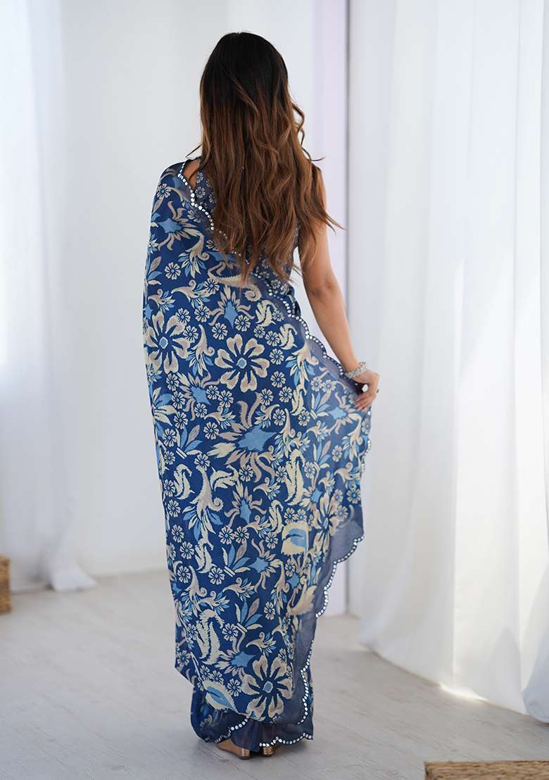 Dark Blue Mirror Work Chinon Blend Saree Set for Diwali and Festive Wear - Indya