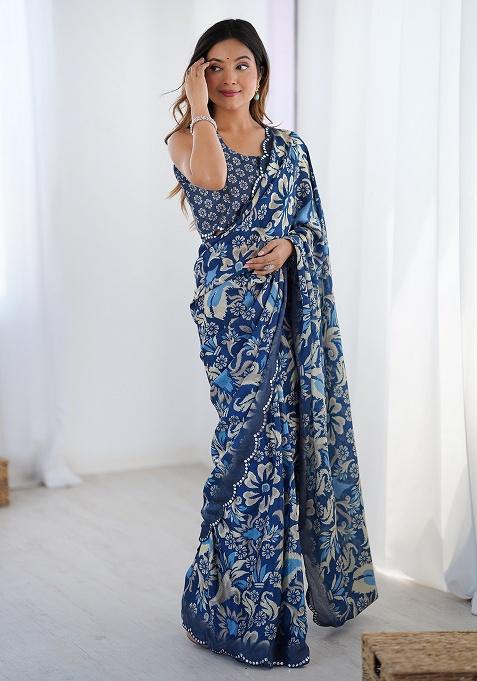 Dark Blue Mirror Work Silk Saree Set