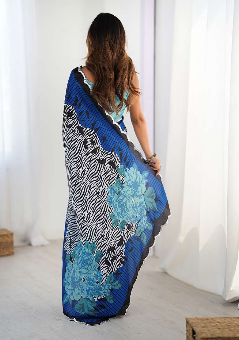 Multicolor Chinon Blend Saree Set with Mirror Work for Diwali | Wedding & Festive Wear - Indya