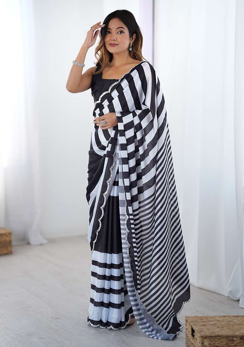 Black And White Chinon Blend Saree Set with Mirror Work for Diwali | Wedding & Festive Wear - Indya