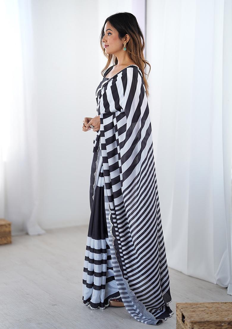 Black And White Mirror Work Silk Saree Set - Indya