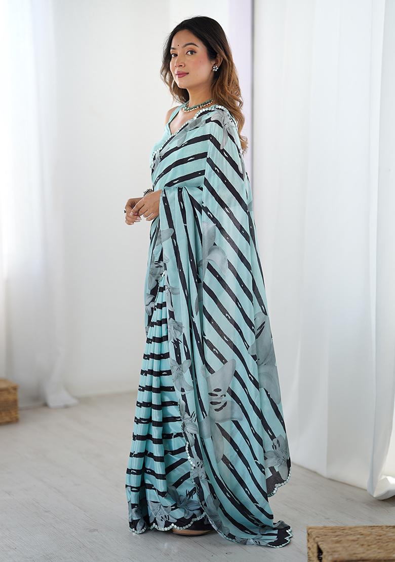 Sea Green Mirror Work Silk Saree Set - Indya