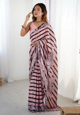 Peach Mirror Work Silk Saree Set