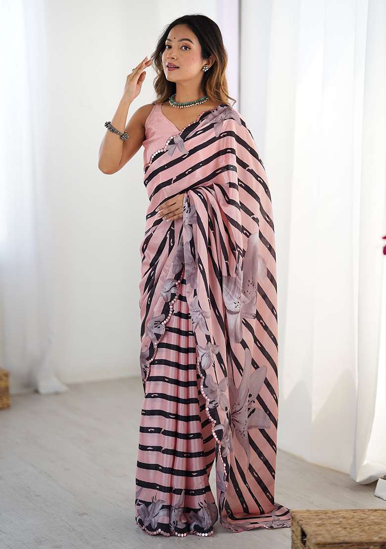 Peach Mirror Work Chinon Blend Saree Set for Diwali and Festive Wear - Indya