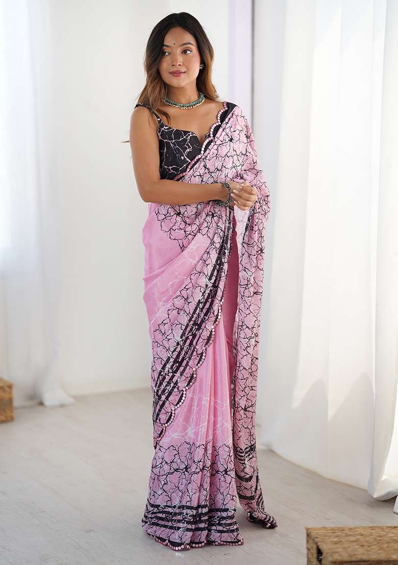 Baby Pink Chinon Blend Saree Set with Mirror Work for Diwali | Wedding & Festive Wear - Indya