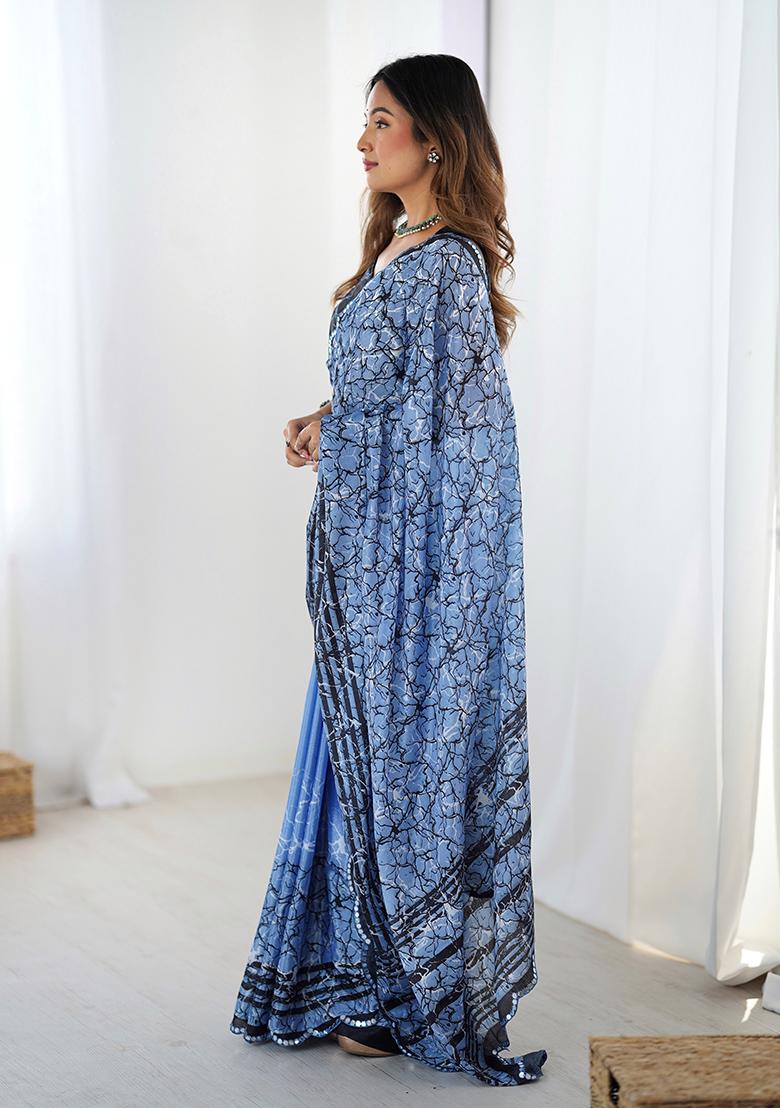 Grey And Blue Mirror Work Silk Saree Set - Indya