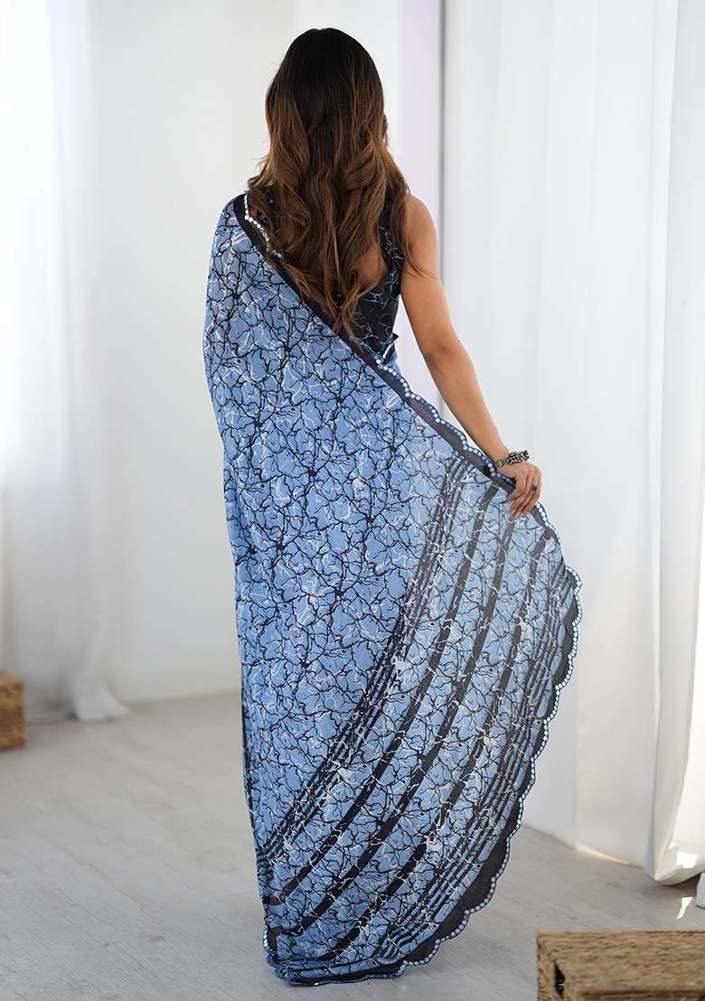 Grey And Blue Chinon Blend Saree Set with Mirror Work for Diwali | Wedding & Festive Wear - Indya
