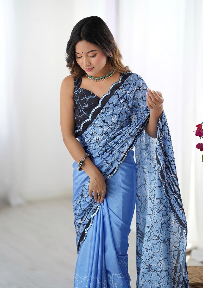 Grey And Blue Mirror Work Silk Saree Set - Indya