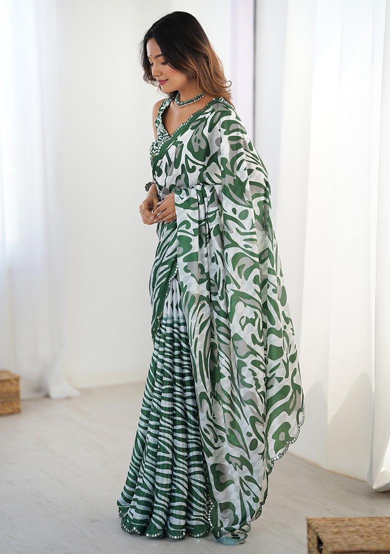 Green And White Mirror Work Silk Saree Set - Indya