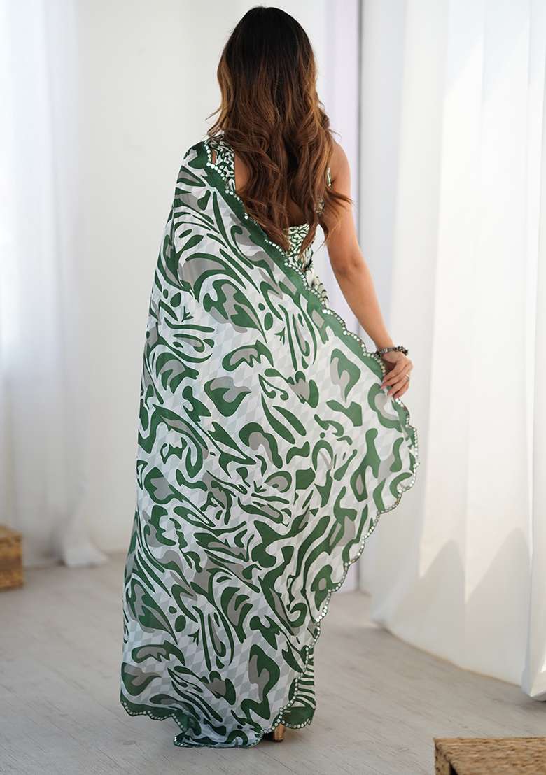Green And White Mirror Work Chinon Blend Saree Set for Diwali and Festive Wear - Indya