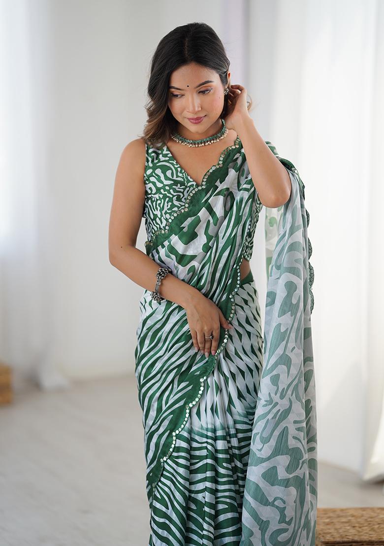 Green And White Mirror Work Silk Saree Set - Indya