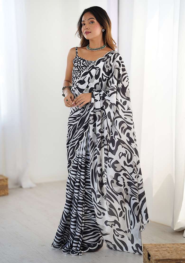 White And Black Mirror Work Chinon Blend Saree Set for Diwali and Festive Wear - Indya