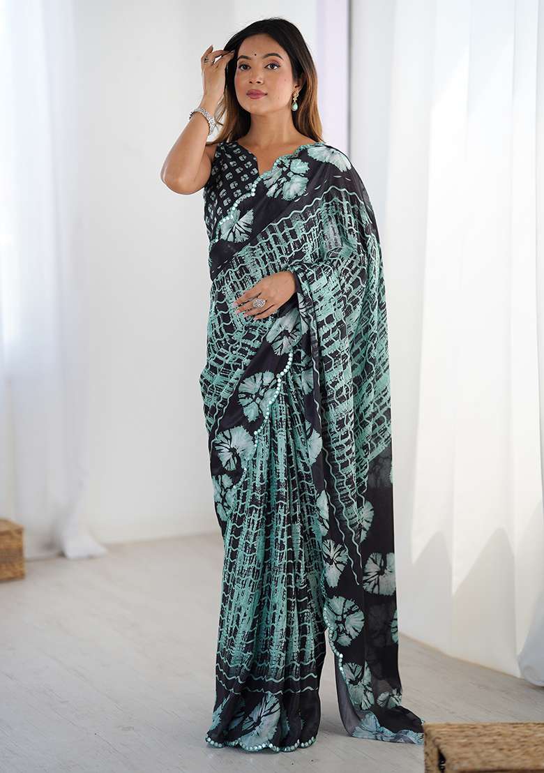Sea Green And Black Mirror Work Chinon Blend Saree Set for Diwali and Festive Wear - Indya