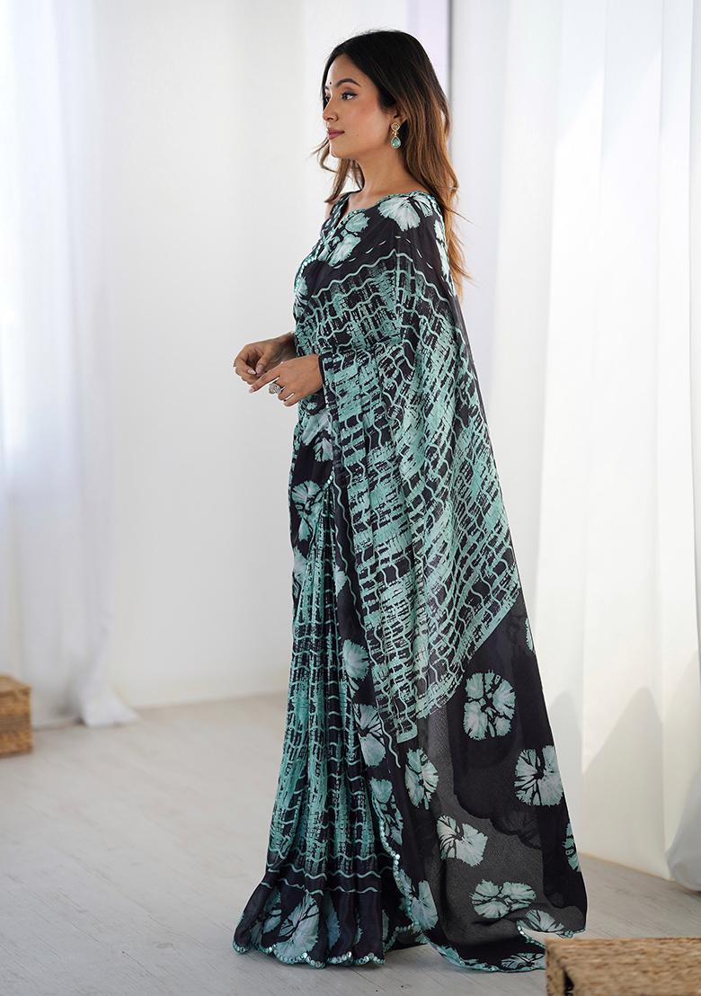 Sea Green And Black Mirror Work Silk Saree Set - Indya