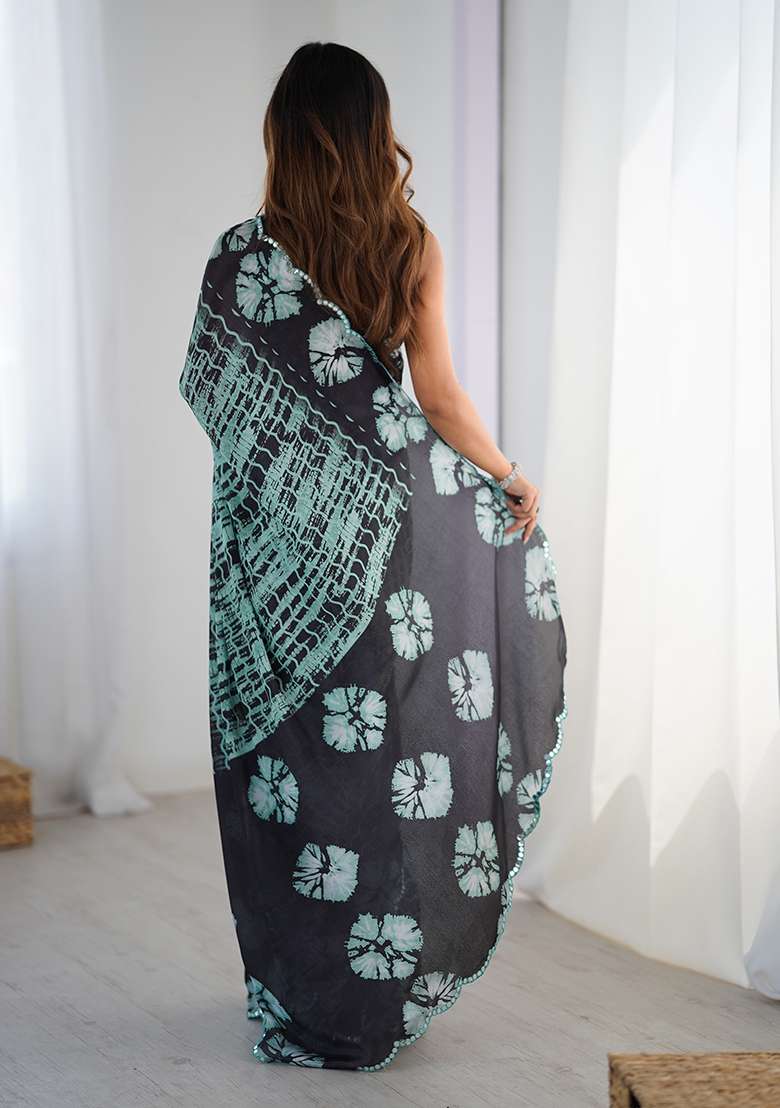 Sea Green And Black Mirror Work Chinon Blend Saree Set for Diwali and Festive Wear - Indya