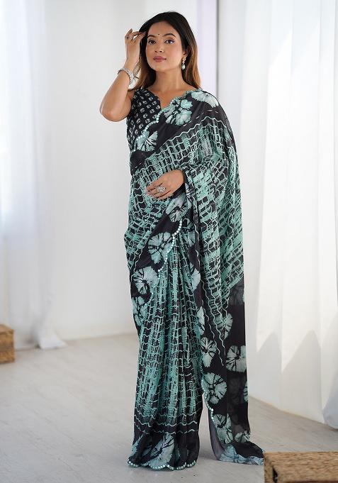 Sea Green And Black Mirror Work Silk Saree Set