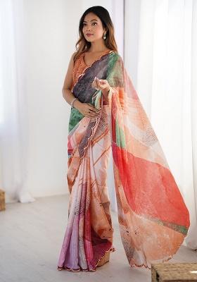 Brown Mirror Work Silk Saree Set