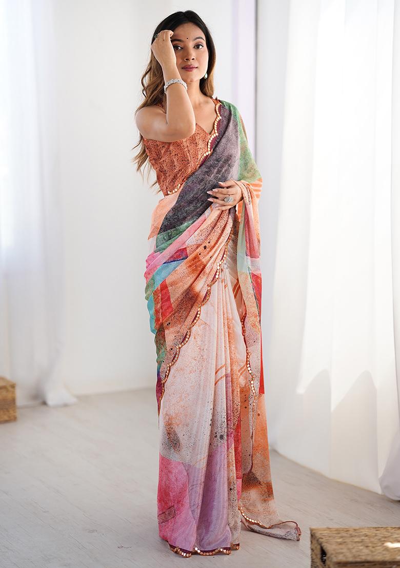 Brown Mirror Work Silk Saree Set - Indya