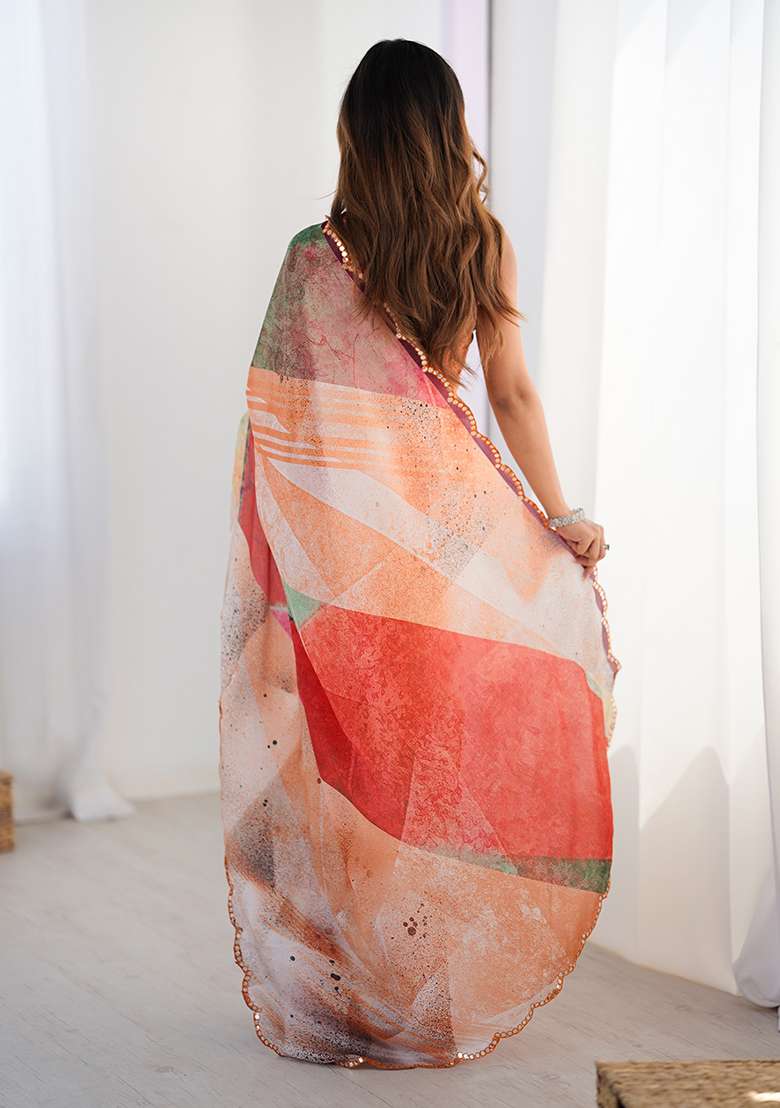 Brown Mirror Work Chinon Blend Saree Set for Diwali and Festive Wear - Indya