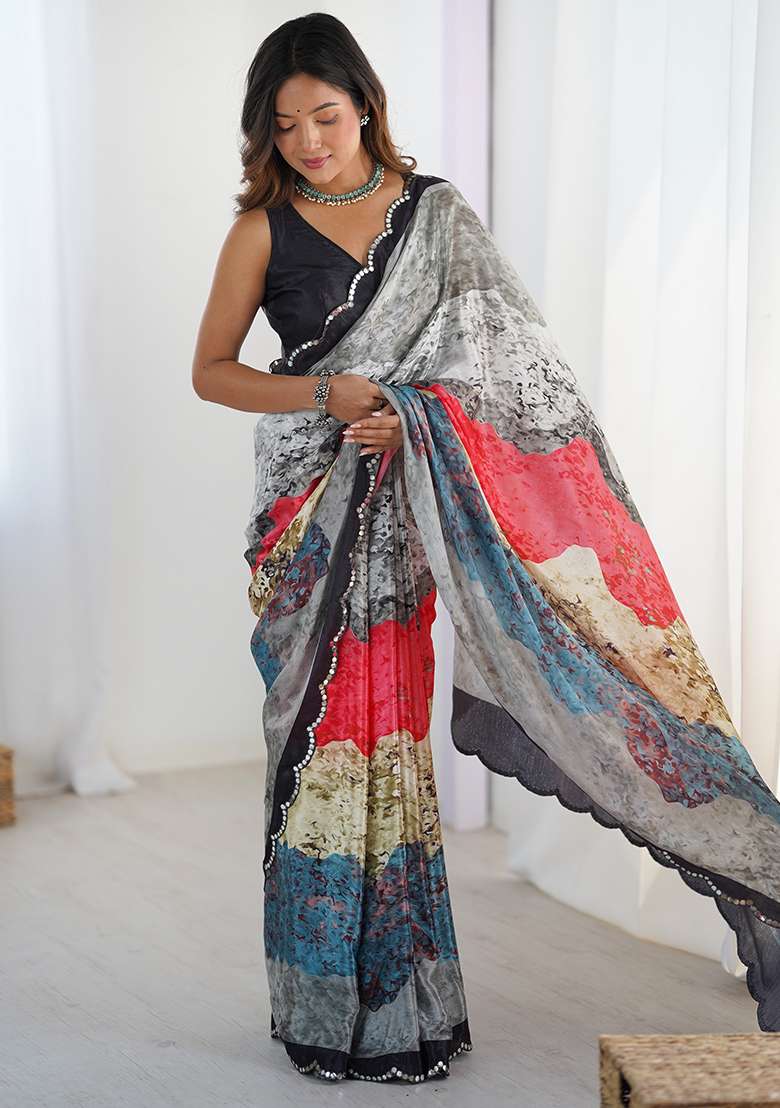 Multicolor Chinon Blend Saree Set with Mirror Work for Diwali | Wedding & Festive Wear - Indya