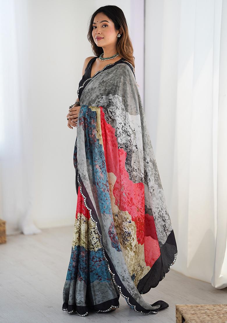 Multicolor Mirror Work Silk Saree Set - Indya