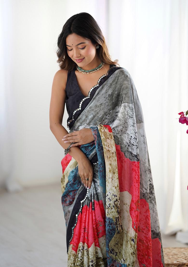 Multicolor Mirror Work Silk Saree Set - Indya