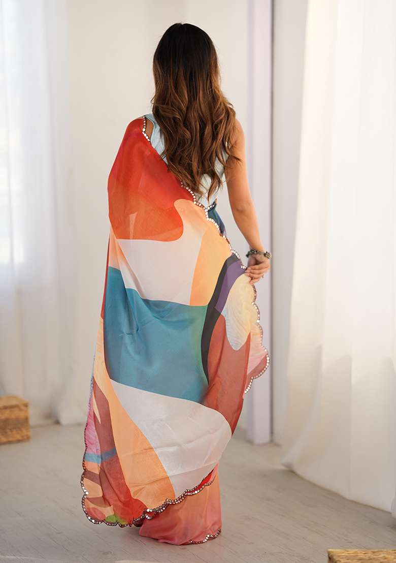 Multicolor Mirror Work Chinon Blend Saree Set for Diwali and Festive Wear - Indya