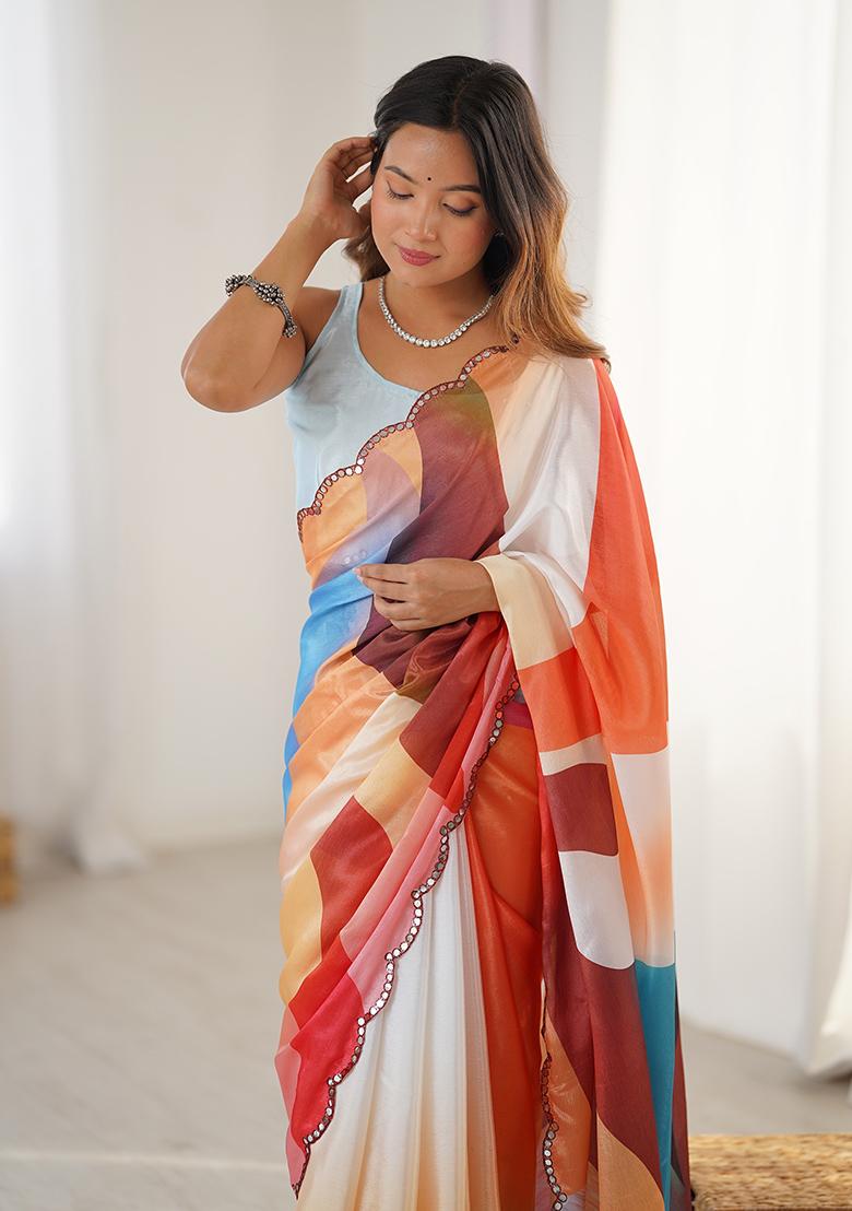 Multicolor Mirror Work Silk Saree Set - Indya