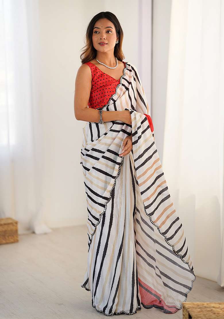 Off White Mirror Work Chinon Blend Saree Set for Diwali and Festive Wear - Indya