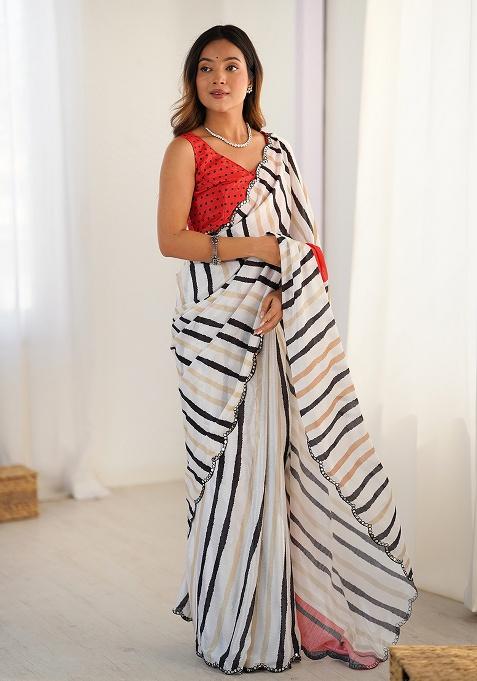 Off White Mirror Work Silk Saree Set