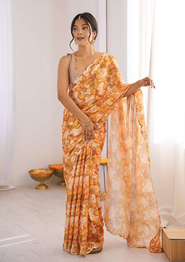 Orange Mirror Work Chinon Blend Saree Set for Diwali and Festive Wear - Indya