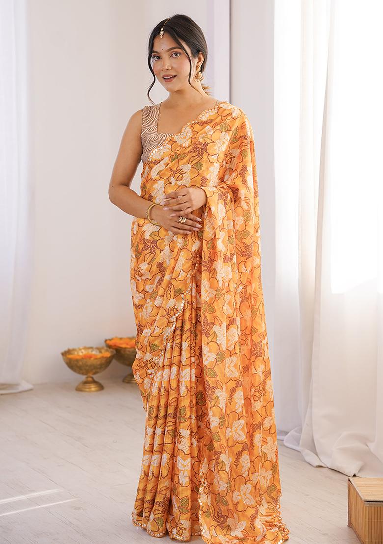 Orange Mirror Work Silk Saree Set - Indya